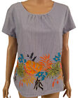 Crown Ivy Top Women Blue Striped Embroidered Floral Leaves See Description Size