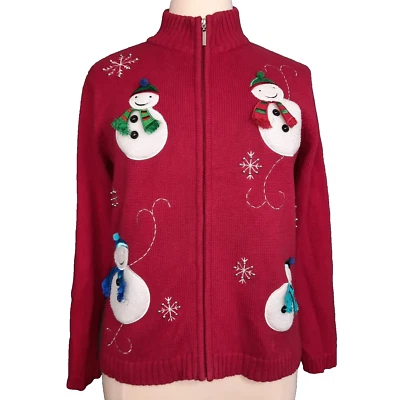 VTG Snowman Sweater Womens Large Red Zip Up Cardigan Winter Snowflakes Christmas - Image 1 of 4