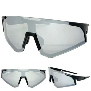 OVERSIZE SPORTS WRAP Biker Cycling Shield SUNGLASSES Big Black Frame Chrome Lens - Picture 1 of 6