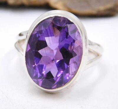 5.90 GM 925 Argento Sterling Naturale Ametista Taglio Pietra Sottile Anello 7.6 - Immagine 1 di 4