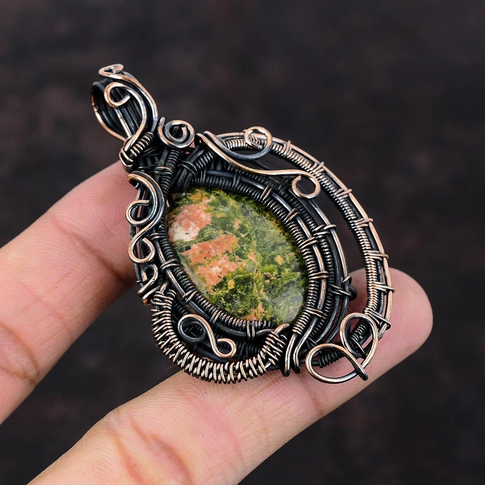 Regalo del día de la mujer Unakite joyería regalo de cobre para madre alambre envuelto colgante 2,76" Foto 1 de 4