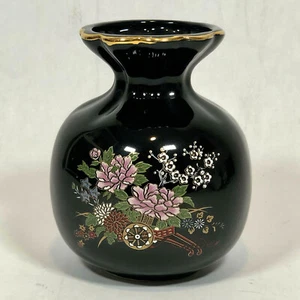 Price Products Ceramic Black With Gold Trim Floral Vase Hand Painted Taiwan 5" - Picture 1 of 8