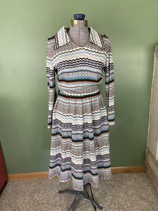Vintage 60s 70s MOD Geometric Knit Dress Pointy Collar Southwestern Aztec Stripe - Picture 1 of 7