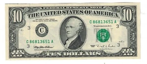 ** 1995 $10 DOLLARS FEDERAL RESERVE NOTE PHILADELPHIA FR-2032-C ** - Picture 1 of 2