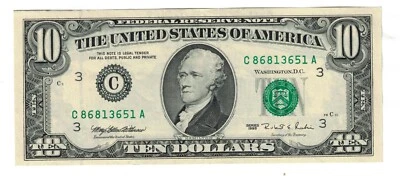 ** 1995 $10 DOLLARS FEDERAL RESERVE NOTE PHILADELPHIA FR-2032-C ** - Image 1 of 2