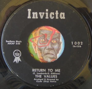HEAR Values 45 Return To Me / That's The Way INVICTA doo wop R&B soul Kim Fowley - Picture 1 of 2