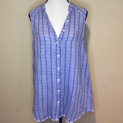 Mystree - Striped Sleeveless Button-up Tunic with Frayed Edges, Size Large - Image 1 of 4