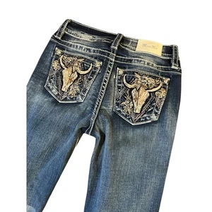 Pantalones de mezclilla Miss Me tiro medio adornados con calavera de toro bolsillos azul talla 26 - Imagen 1 de 7