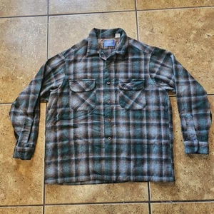 Pendleton Board Shirt Wool Green Grey Brown Mens XL Loop Collar Shadow Plaid - Picture 1 of 9