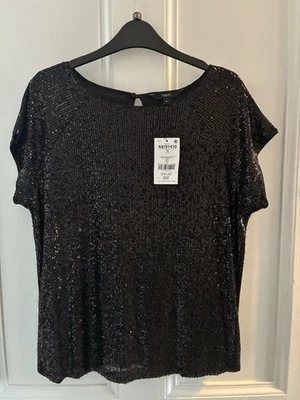 Next Black Short Sleeved Sequin Party Top. Lined. Size 10. BNWT. - Image 1 of 4