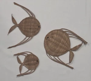 Vintage Wicker Fish Set Of 3 Wall Decor- Sealife-Ocean-Boho Beach-Coastal-Lake - Picture 1 of 5