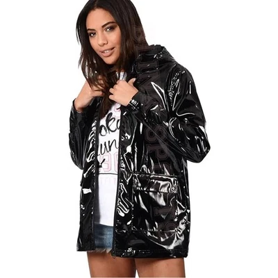 Women’s Shiny PVC Trench Coat Waterproof Hooded Long Rain PVC Jacket Lightweight - Image 1 of 4