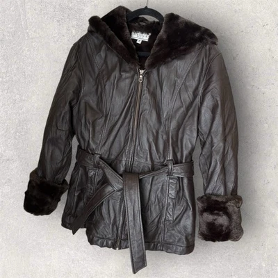Pelle Studio Brown Leather Jacket M Hooded Faux Fur Lined Belted Quiet Luxury - Image 1 of 4