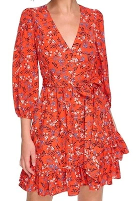 Eliza J Floral Dress Women's Size 14 V-neck 3/4 Sleeves Ruffled Hem Red Floral - Image 1 of 4