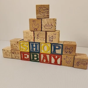 Vintage 20-Piece Wooden Children Alphabet Number Picture Toy Blocks Japan - Picture 1 of 7