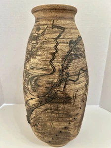 Michael Frasca ‘93 Studio Wood- Ash Pottery Vase 16″ Etched Carved Stoneware - Picture 1 of 12