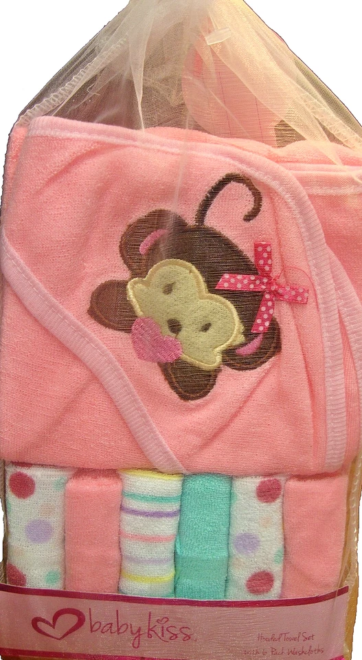Baby Kiss Hooded Towel & 6 Washcloths Gift Set Pink Monkey for Baby Girl     847 - Image 1 of 3
