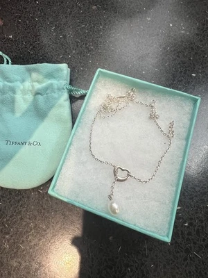 Authentic Tiffany & Co Elsa Peretti Open Heart Lariat Necklace Silver and Pearl - image 1 of 4