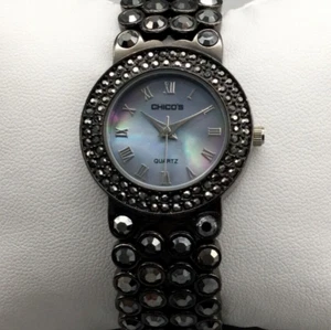 Chicos Watch Women 28mm Black Bling Open Cuff Blue MOP Dial New Battery - Picture 1 of 14