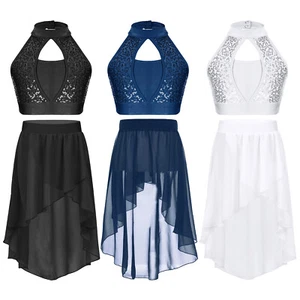 Kids Girls Leotard Sleeveless Dress Skating Crop Top With Skirt Show Outfit - Picture 1 of 32