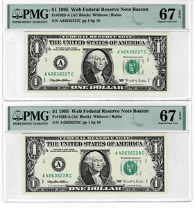 1995 $1 Federal Reserve 'WEB' Notes-fr. 1923-A (2 consecutive notes) PMG 67 EPQ - Picture 1 of 7