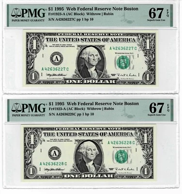 1995 $1 Federal Reserve 'WEB' Notes-fr. 1923-A (2 consecutive notes) PMG 67 EPQ - Image 1 of 4