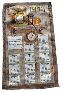 Vtg Linen Tea Towel Calendar Wall Hanging 1977 Clock Time Hour Glass Watch - Picture 1 of 12