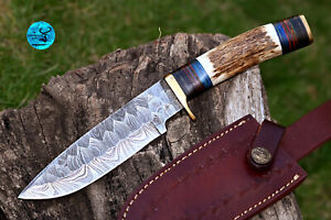 CUSTOM MADE HAND FORGED DAMASCUS STEEL 10" HUNTING/BOWIE KNIFE STAG HANDLE 2793
