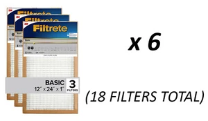 3M Filtrete 3 Pack 12"x24"x1" BASIC - Case of 6 (18 Filters Total) - NEW SEALED - Picture 1 of 2