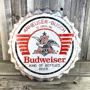 Budweiser Bud Beer Bottle Cap Large 18" Metal Aluminum Sign Garage Bar Room New - Picture 1 of 2