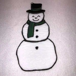 Cheerful Snowman Stained Glass Sun Catcher Hanging Holiday Window Decoration - Picture 1 of 8