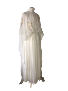 VESTIDO DE NOVIA VINTAGE AÑOS 70 CREMA CUELLO ALTO PINTADO A MANO FLORAL TALLA 10 - Imagen 1 de 24