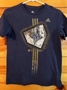 Adidas Milwaukee Brewers Baseball Shirt Boys Navy Short Sleeve Top Size M 10/12 - Picture 1 of 2