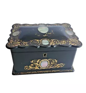 Antique Victorian 1800s Black Lacquer Mother of Pearl Inlay English Tea Caddy - Picture 1 of 14