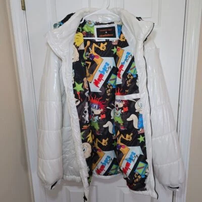 Members Only Nickelodeon 90s Cartoon Puffer White Coat with Retro Characters - Image 1 of 4