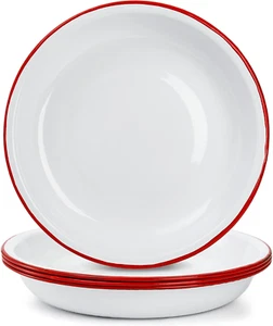 Set of 4 Enamel Dinner Plates, 10 Inch round Enameled Camping Plate with Red Rim - Picture 1 of 12