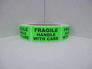 FRAGILE HANDLE WITH CARE 1X2 Warning Stickers Labels fluorescent green 250/rl - Picture 1 of 1