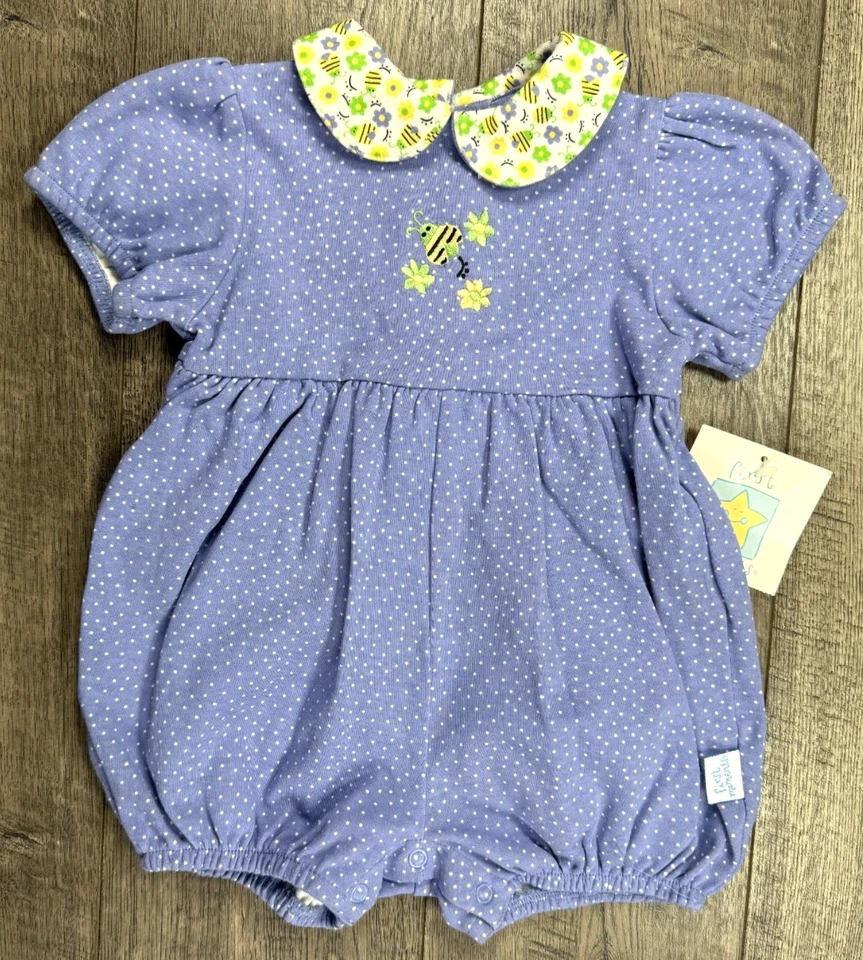 Ropa Bebé Niña Nueva Vintage Primeros Momentos 6-9 Meses Azul Lunares Abeja Mameluco Foto 1 de 4