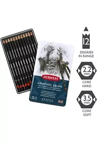 Derwent Medium Graphic 6B-4H Drawing Sketching Set 12 Pencils Metal tin - 34214 - Picture 1 of 3