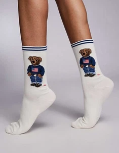 Polo Ralph Lauren Women's Polo Bear Crew Socks Americana Bear Ivory SZ 9-11 NWT - Picture 1 of 9