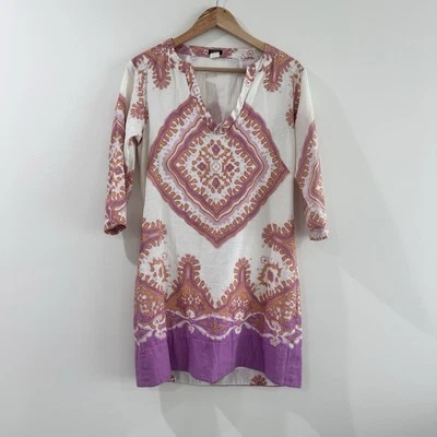 Vestido túnica manga 3/4 lino bazar fábrica J.Crew blanco púrpura naranja talla 4 Foto 1 de 4
