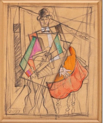 Ivan Puni (Iwan Pougni) „Mann mit Gitarre“ 1921, Aquarell/Bleistift, signiert - Bild 1 von 4