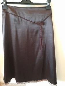 Dark Brown Satin Slip Skirt A Line with Velvet Bow and Gauze Hem Trim Size 38 - Picture 1 of 11