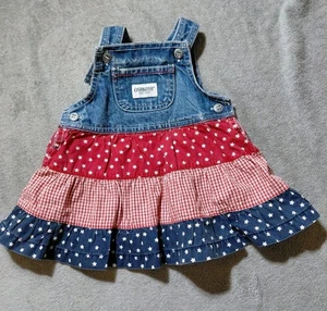 OshKosh Baby Girls Overall Dress Size 0-3M Denim Stars Striped Tiered Patriotic - Picture 1 of 4