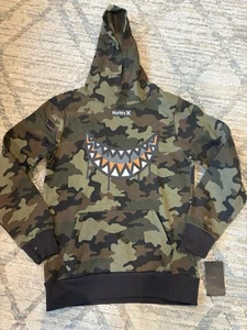 New Hurley Youth's Fleece Hoodie Size L Green Camo Smiley Mouth Pockets - Picture 1 of 5