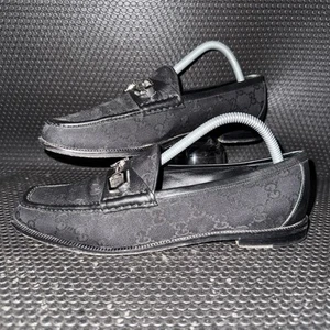 Gucci Horsebit Schwarz Canvas Logo Designer Halbschuhe Schuhe Damen Größe 39,5 (9,5) - Bild 1 von 11