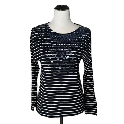 Blusa de lantejoulas Tommy Hilfiger listrada azul branca preppy feminina manga longa náutica - Imagem 1 de 4