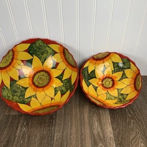 TWO Colorful Hand Painted Sunflower Footed Bowls Hand Made Art Pottery 10" & 8" - Picture 1 of 12