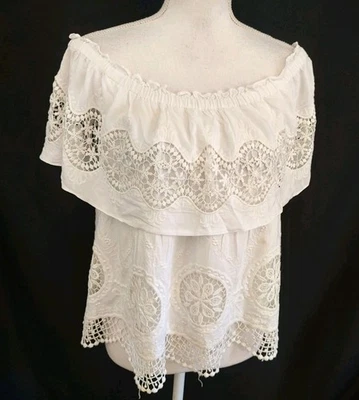 BCBG Max Azria Top Fuera del Hombro Ojales Encaje Boho Cottagecore Romántico Talla L Foto 1 de 4