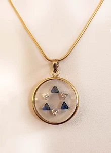 14K Gold Star Of David Pendant Gold Round Ring W/ Clear Glass & Blue Stones #62 - Picture 1 of 2